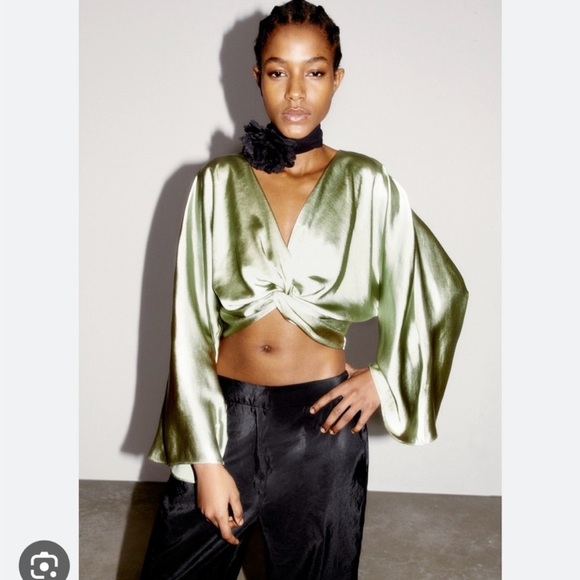 Zara Green Satin Bell Sleeve Crop Blouse with Tie Front - Picture 2 of 6
